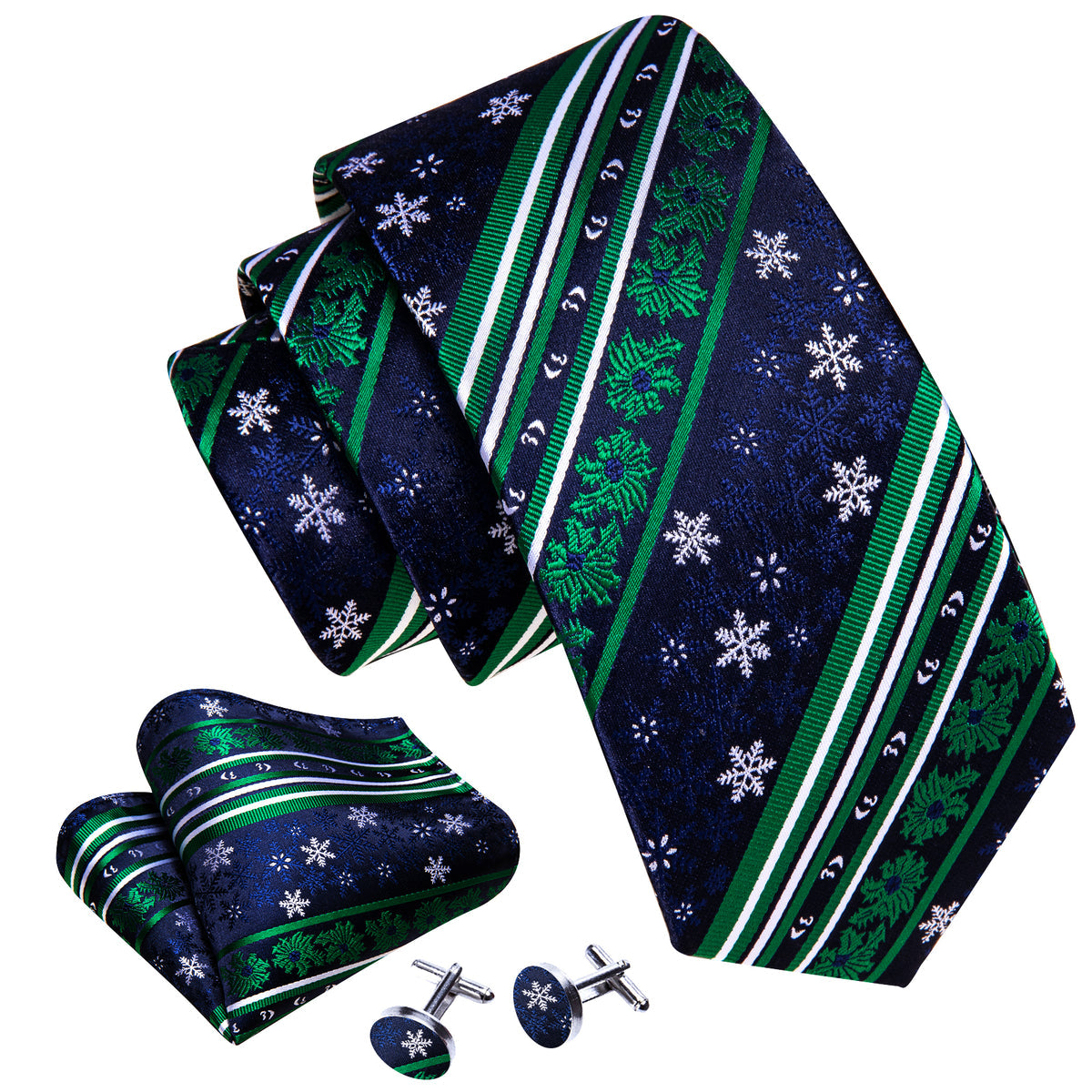 Blue Green Christmas Snowflake Silk Tie, Pocket Square and Cufflinks Set tie sets - Sophisticated Gentlemen