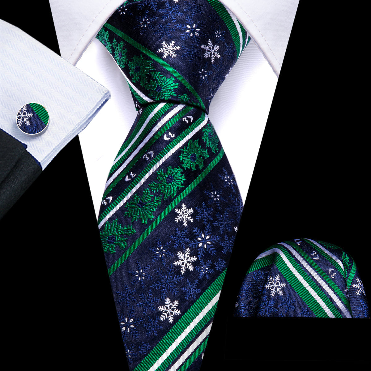 Blue Green Christmas Snowflake Silk Tie, Pocket Square and Cufflinks Set tie sets - Sophisticated Gentlemen