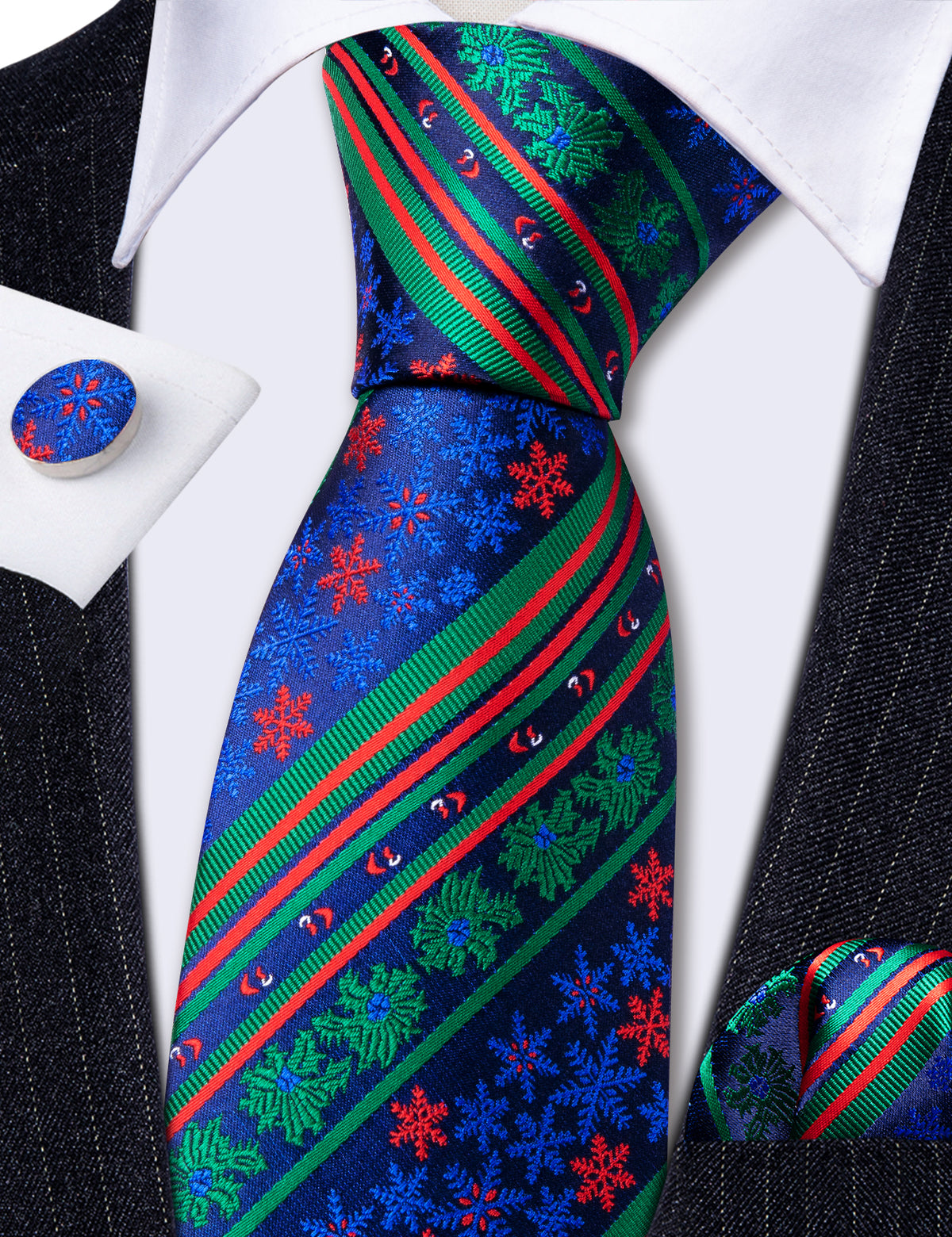 Blue Green Christmas Striped Floral Tie, Pocket Square and Cufflinks Set tie sets - Sophisticated Gentlemen