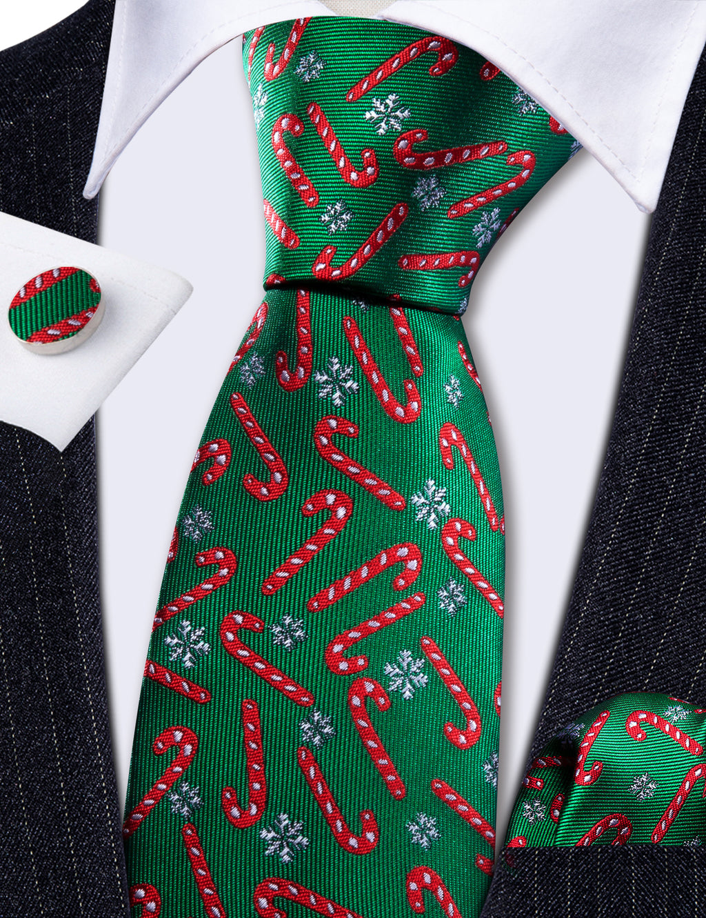 Green Red Christmas Crutch Tie, Pocket Square and Cufflinks Set tie sets - Sophisticated Gentlemen
