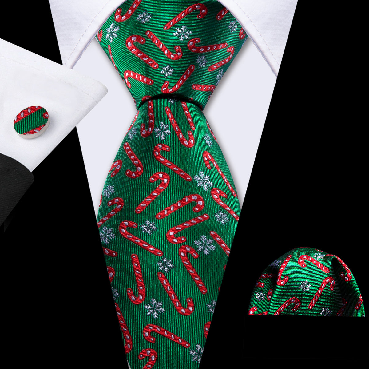 Green Red Christmas Crutch Tie, Pocket Square and Cufflinks Set tie sets - Sophisticated Gentlemen