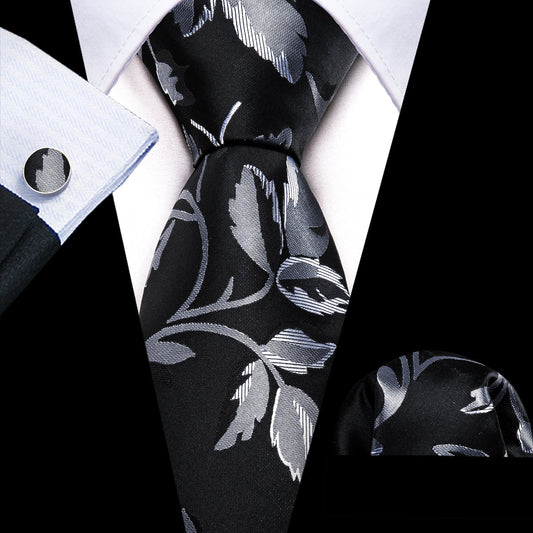 Black Silver Flower Floral Silk Tie, Pocket Square and Cufflinks Set tie sets    - Sophisticated Gentlemen