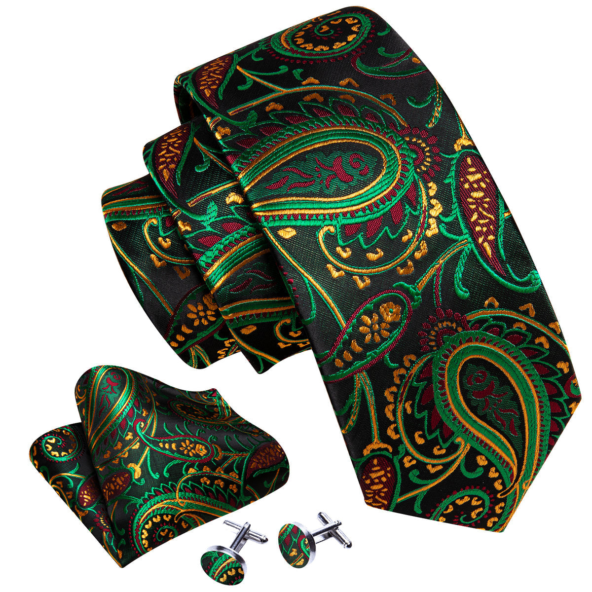 Black Green Yellow Paisley Silk Tie, Pocket Square and Cufflinks Set tie sets - Sophisticated Gentlemen
