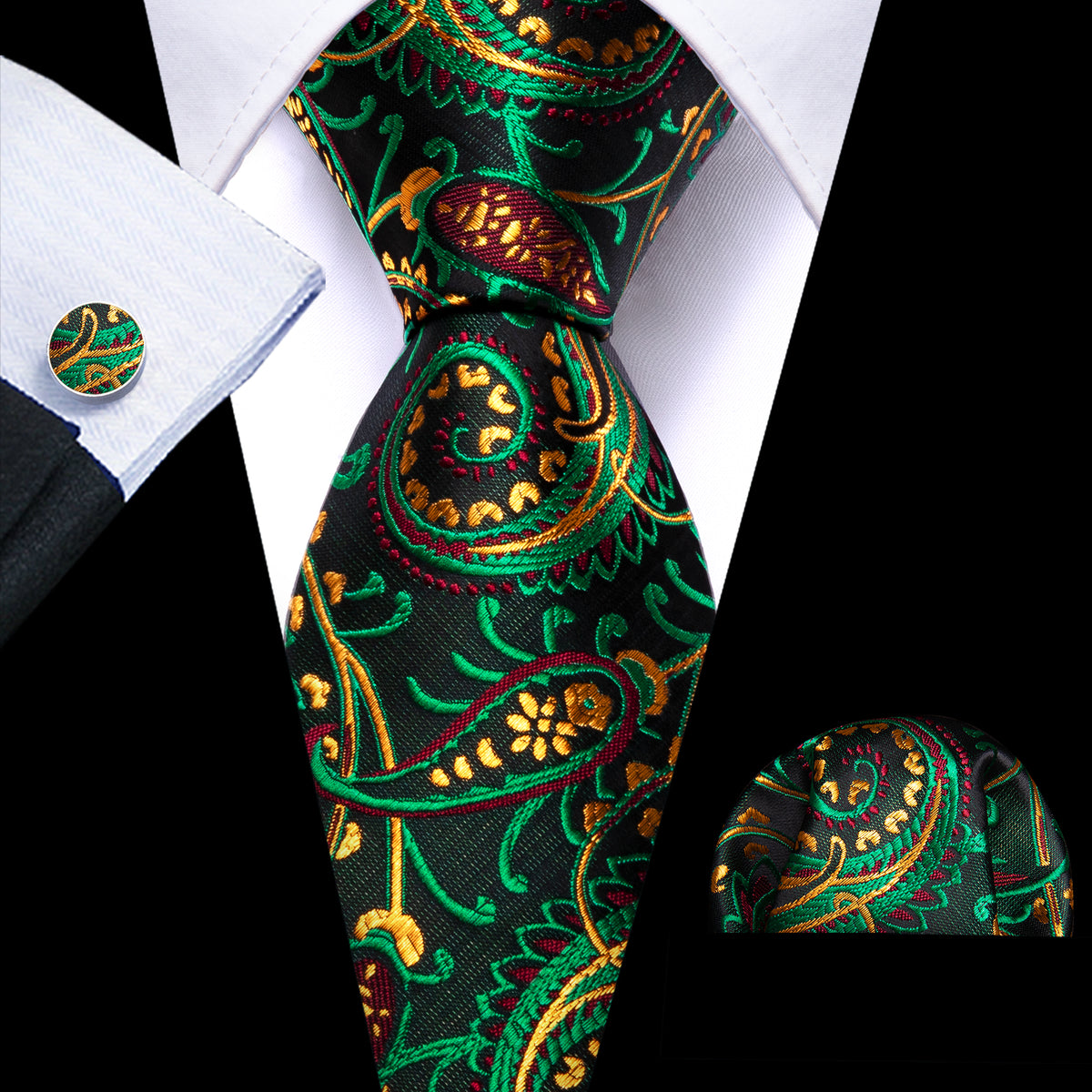 Black Green Yellow Paisley Silk Tie, Pocket Square and Cufflinks Set tie sets - Sophisticated Gentlemen