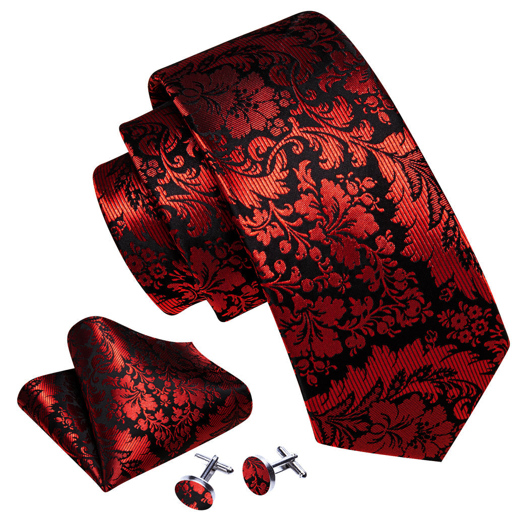 Red Black Paisley Silk Tie, Pocket Square and Cufflinks Set tie sets - Sophisticated Gentlemen