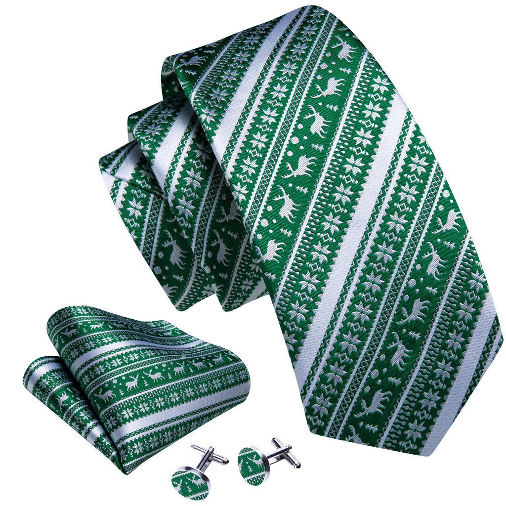Green White Christmas Elk Striped Tie, Pocket Square and Cufflinks Set tie sets - Sophisticated Gentlemen