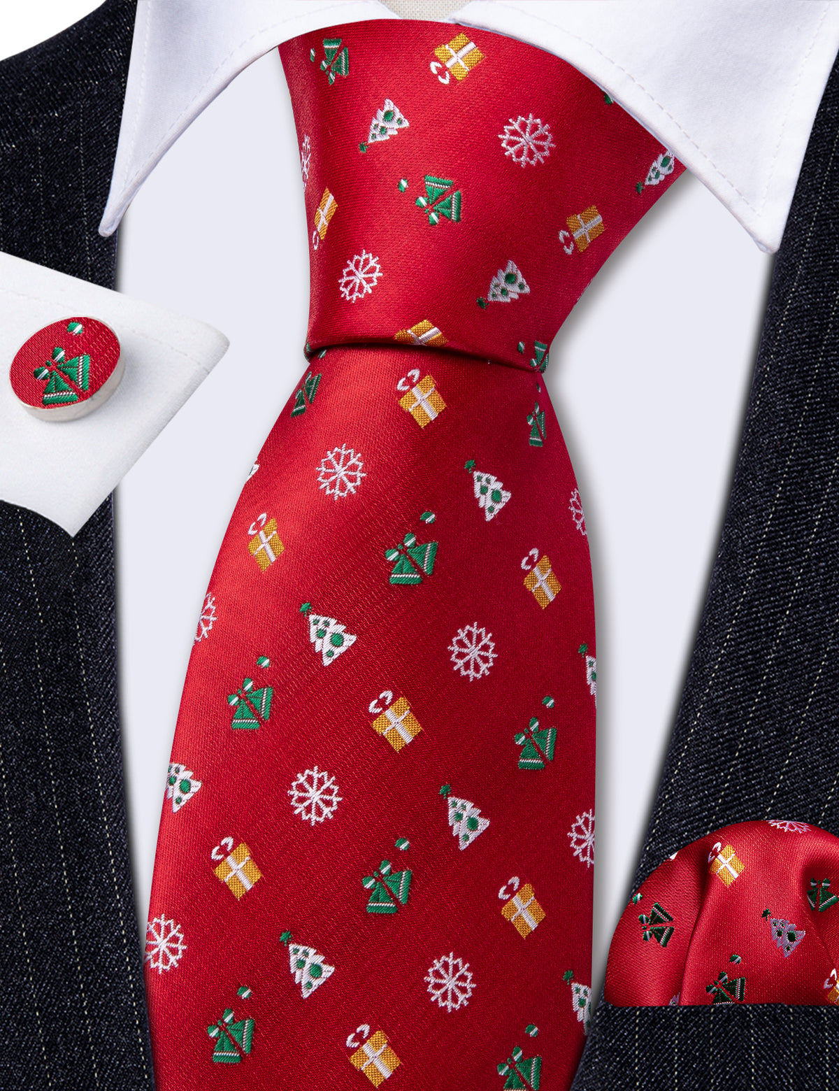 Red Christmas Pattern Tie, Pocket Square and Cufflinks Set tie sets - Sophisticated Gentlemen