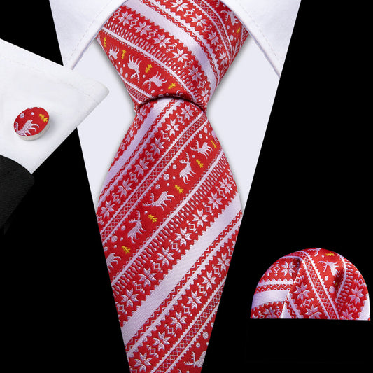 Red Silver Christmas Elk Floral Silk Tie, Pocket Square and Cufflinks Set tie sets    - Sophisticated Gentlemen
