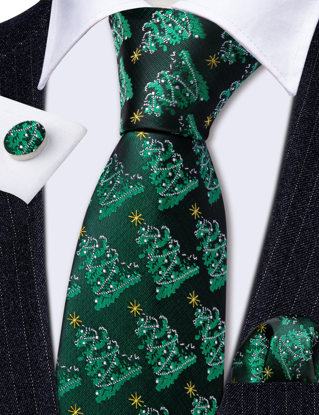 Green Christmas Tree Floral Silk Tie, Pocket Square and Cufflinks Set tie sets - Sophisticated Gentlemen
