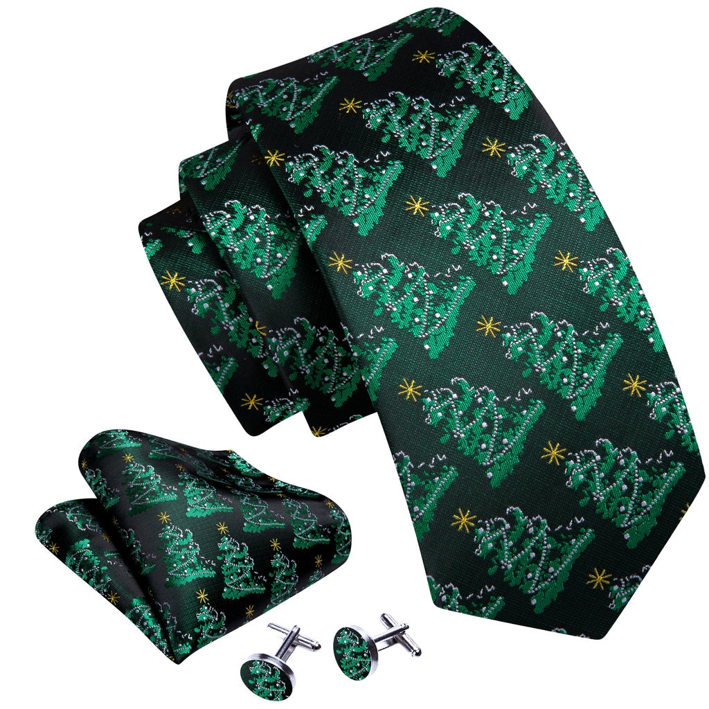 Green Christmas Tree Floral Silk Tie, Pocket Square and Cufflinks Set tie sets - Sophisticated Gentlemen