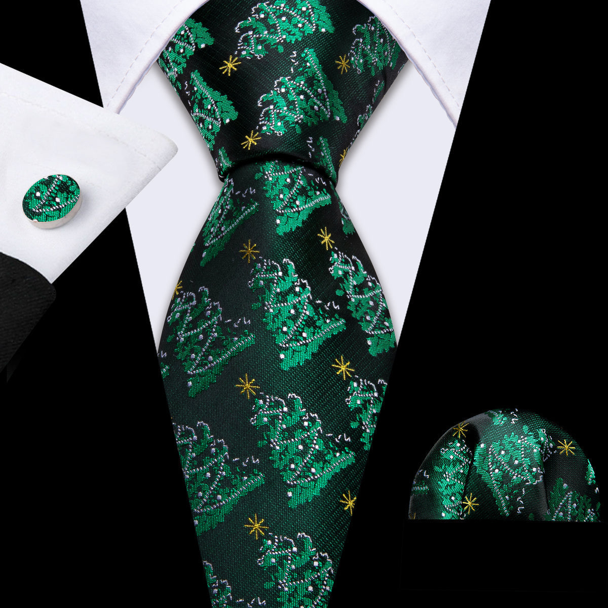 Green Christmas Tree Floral Silk Tie, Pocket Square and Cufflinks Set tie sets - Sophisticated Gentlemen