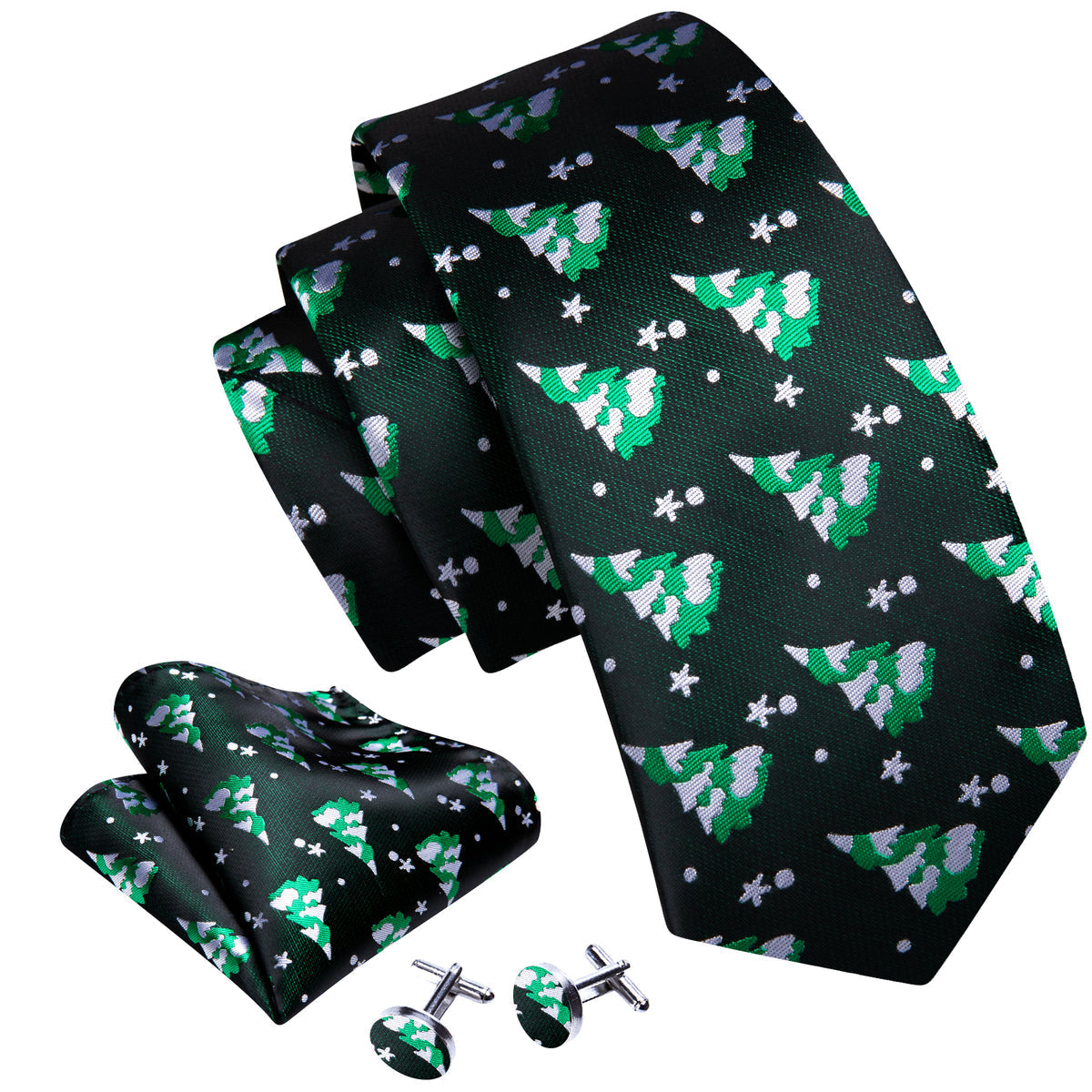 Green White Christmas Tree Silk Tie, Pocket Square and Cufflinks Set tie sets - Sophisticated Gentlemen