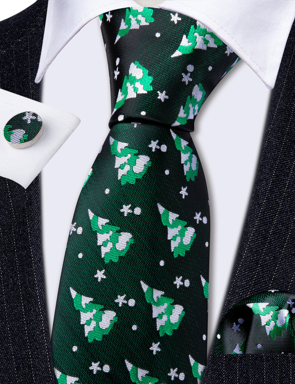 Green White Christmas Tree Silk Tie, Pocket Square and Cufflinks Set tie sets - Sophisticated Gentlemen