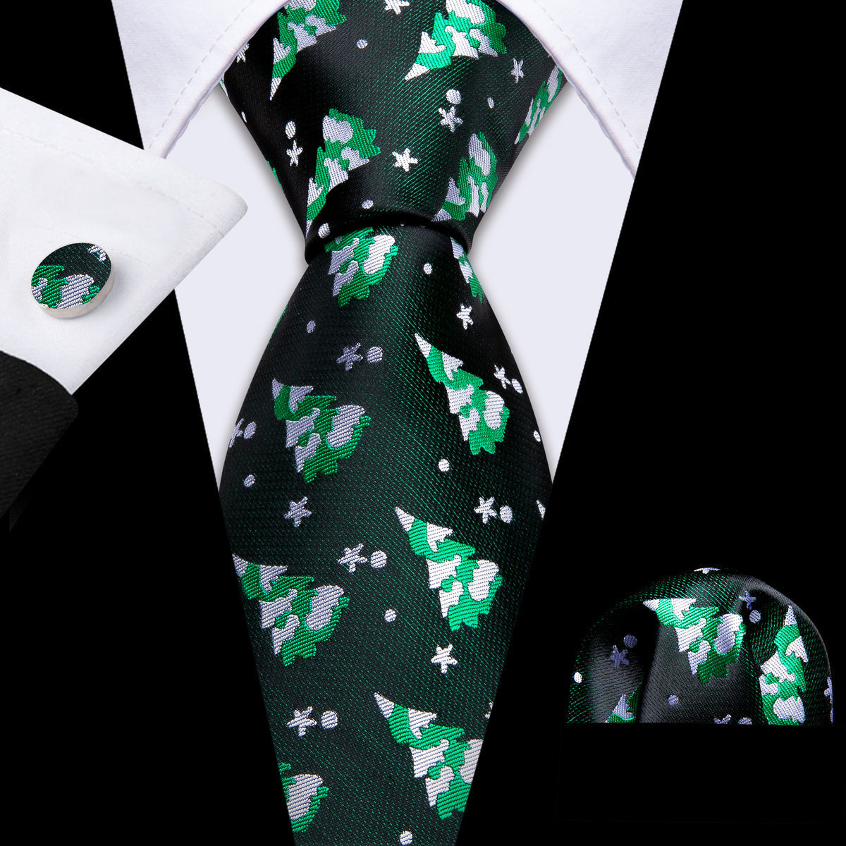 Green White Christmas Tree Silk Tie, Pocket Square and Cufflinks Set tie sets - Sophisticated Gentlemen