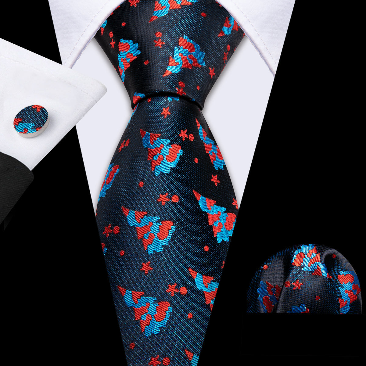 Black Blue Christmas Jacquard Tie, Pocket Square and Cufflinks Set tie sets - Sophisticated Gentlemen