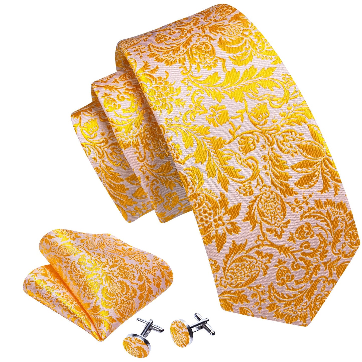 Gold and White Floral Silk Tie, Pocket Square and Cufflinks tie sets - Sophisticated Gentlemen