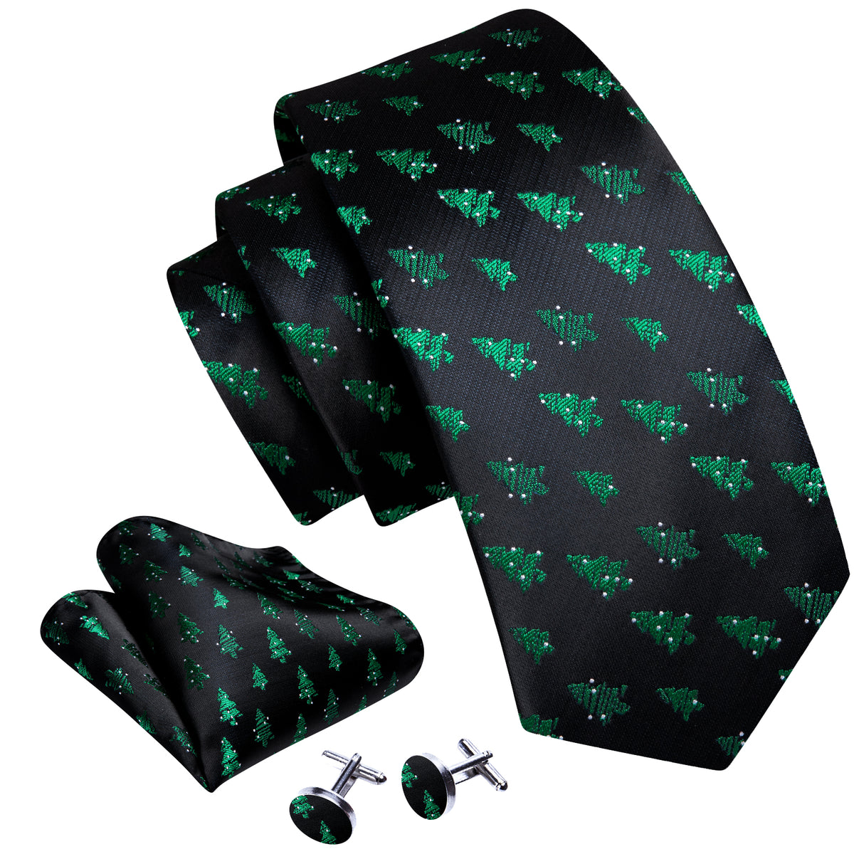 Black Green Xmas Tree Pattern Tie, Pocket Square and Cufflinks Set tie sets - Sophisticated Gentlemen