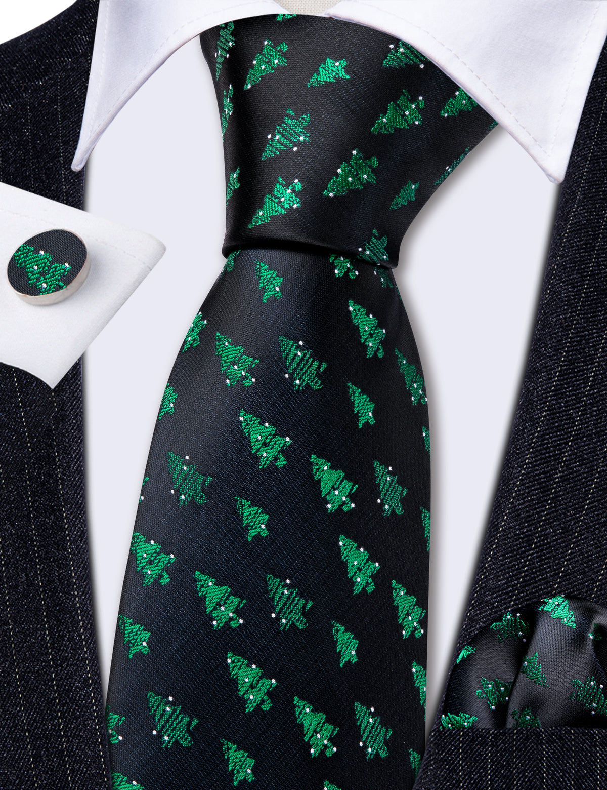 Black Green Xmas Tree Pattern Tie, Pocket Square and Cufflinks Set tie sets - Sophisticated Gentlemen