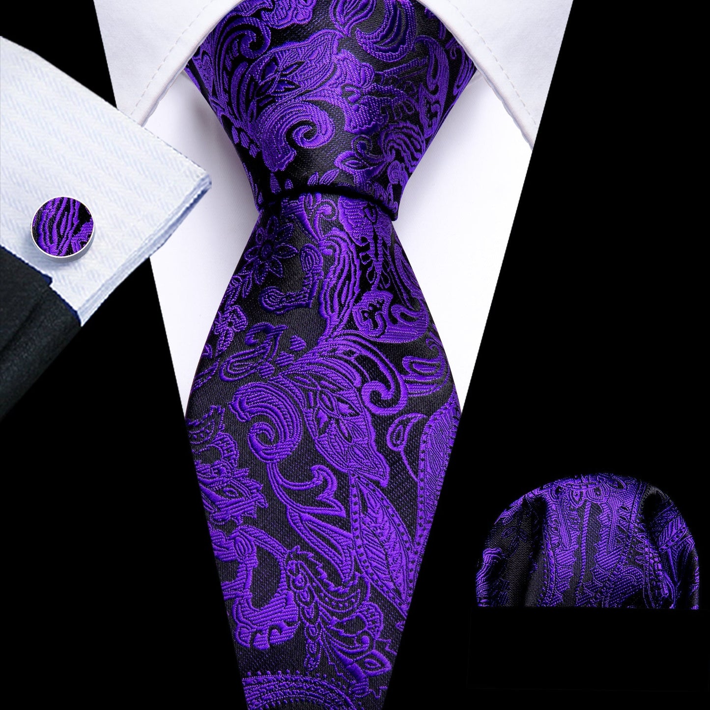 Purple and Black Paisley Floral Tie, Pocket Square and Cufflinks tie sets Standard packaging - Sophisticated Gentlemen