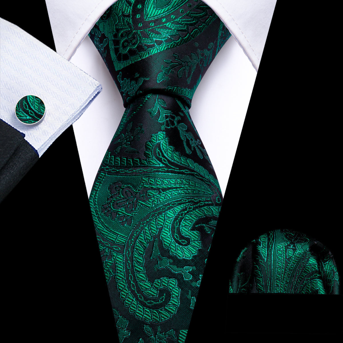 Green Paisley Jacquard Silk Tie, Pocket Square and Cufflinks Set tie sets - Sophisticated Gentlemen