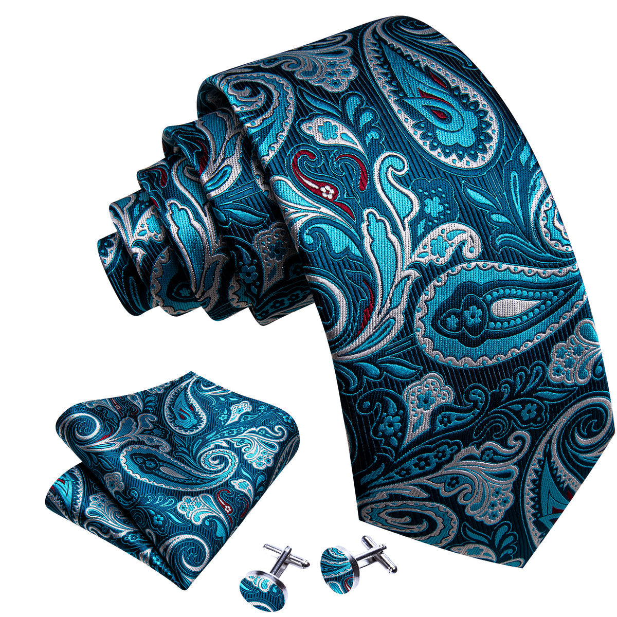 Pale Blue Paisley Silk Tie, Pocket Square and Cufflinks Set tie sets - Sophisticated Gentlemen