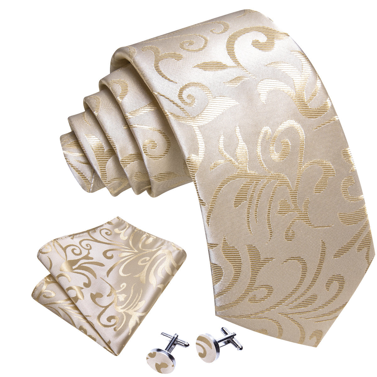 Tan Floral Silk Tie, Pocket Square and Cufflinks Set tie sets - Sophisticated Gentlemen