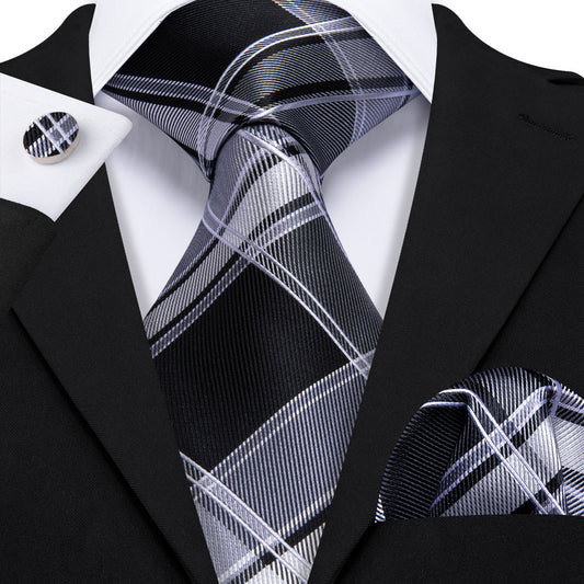 Black Gray Plaid Silk Tie, Pocket Square and Cufflinks Set tie sets    - Sophisticated Gentlemen
