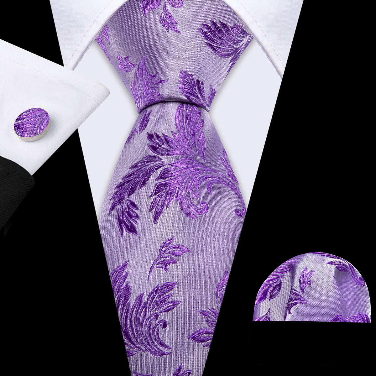 Purple Floral Silk Tie, Pocket Square and Cufflinks Set tie sets - Sophisticated Gentlemen