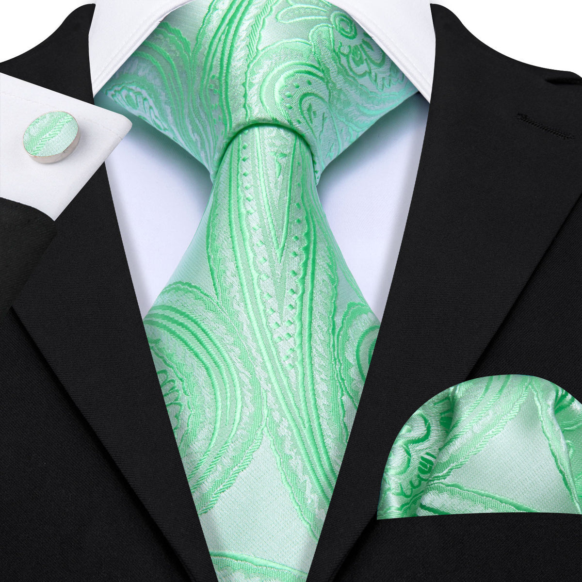 Light Green Paisley Silk Tie, Pocket Square and Cufflinks Set tie sets - Sophisticated Gentlemen