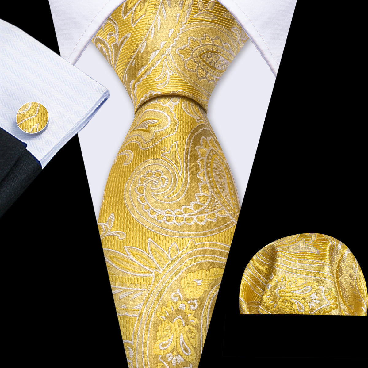 Gold Yellow Paisley Silk Tie, Pocket Square and Cufflinks Set tie sets - Sophisticated Gentlemen