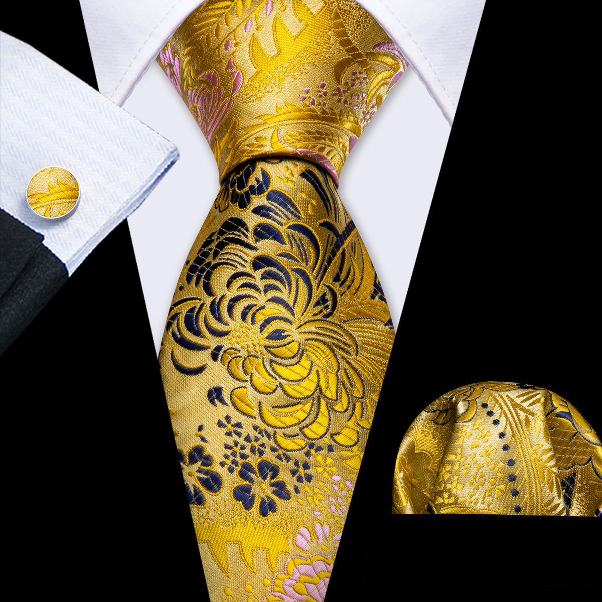 Gold Blue Floral Silk Tie, Pocket Square and Cufflinks Set tie sets - Sophisticated Gentlemen