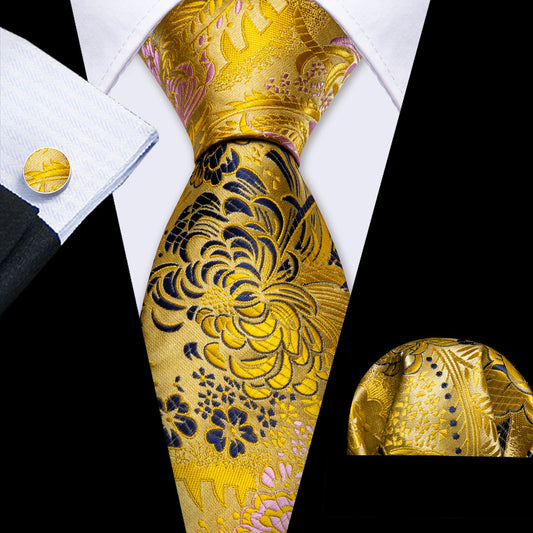 Gold Blue Floral Silk Tie, Pocket Square and Cufflinks Set tie sets    - Sophisticated Gentlemen