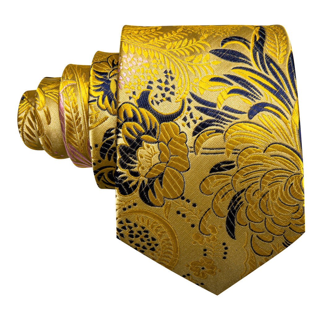 Gold Blue Floral Silk Tie, Pocket Square and Cufflinks Set tie sets - Sophisticated Gentlemen