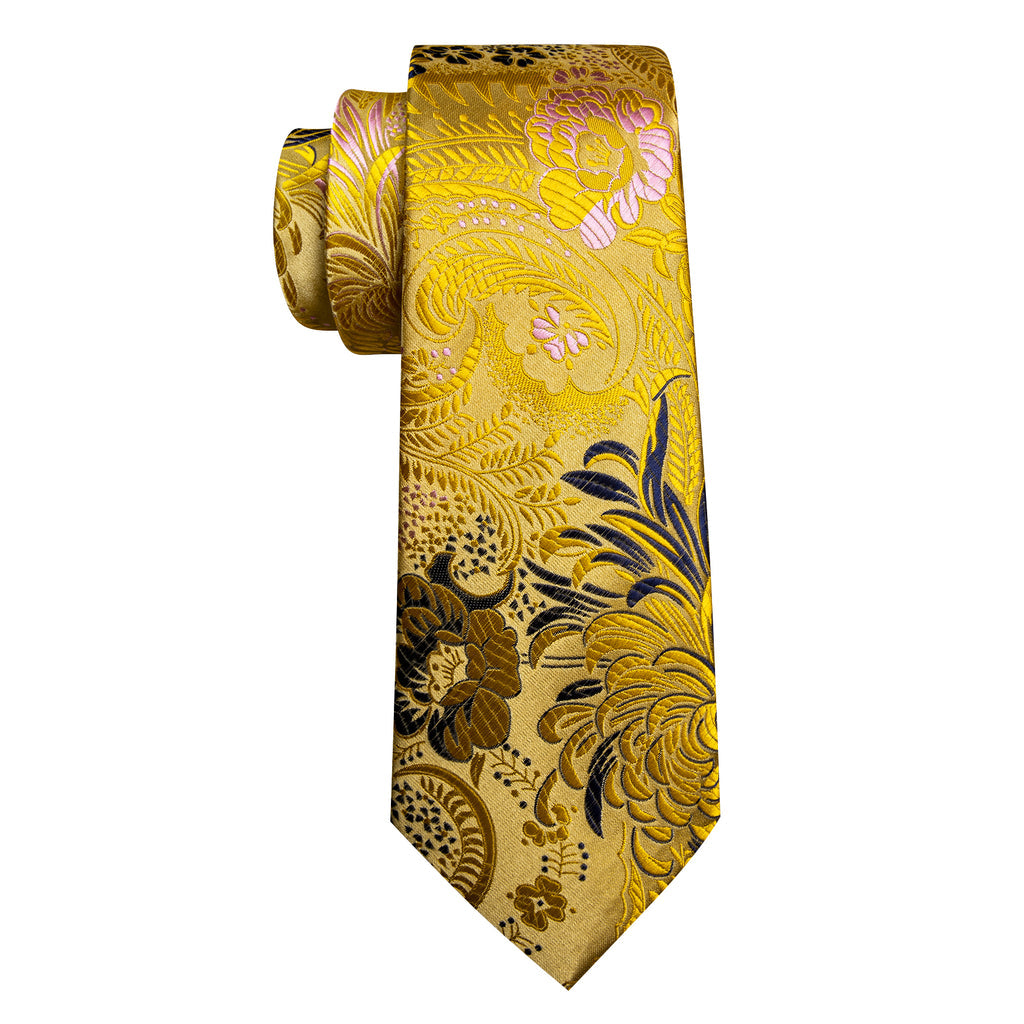 Gold Blue Floral Silk Tie, Pocket Square and Cufflinks Set tie sets - Sophisticated Gentlemen
