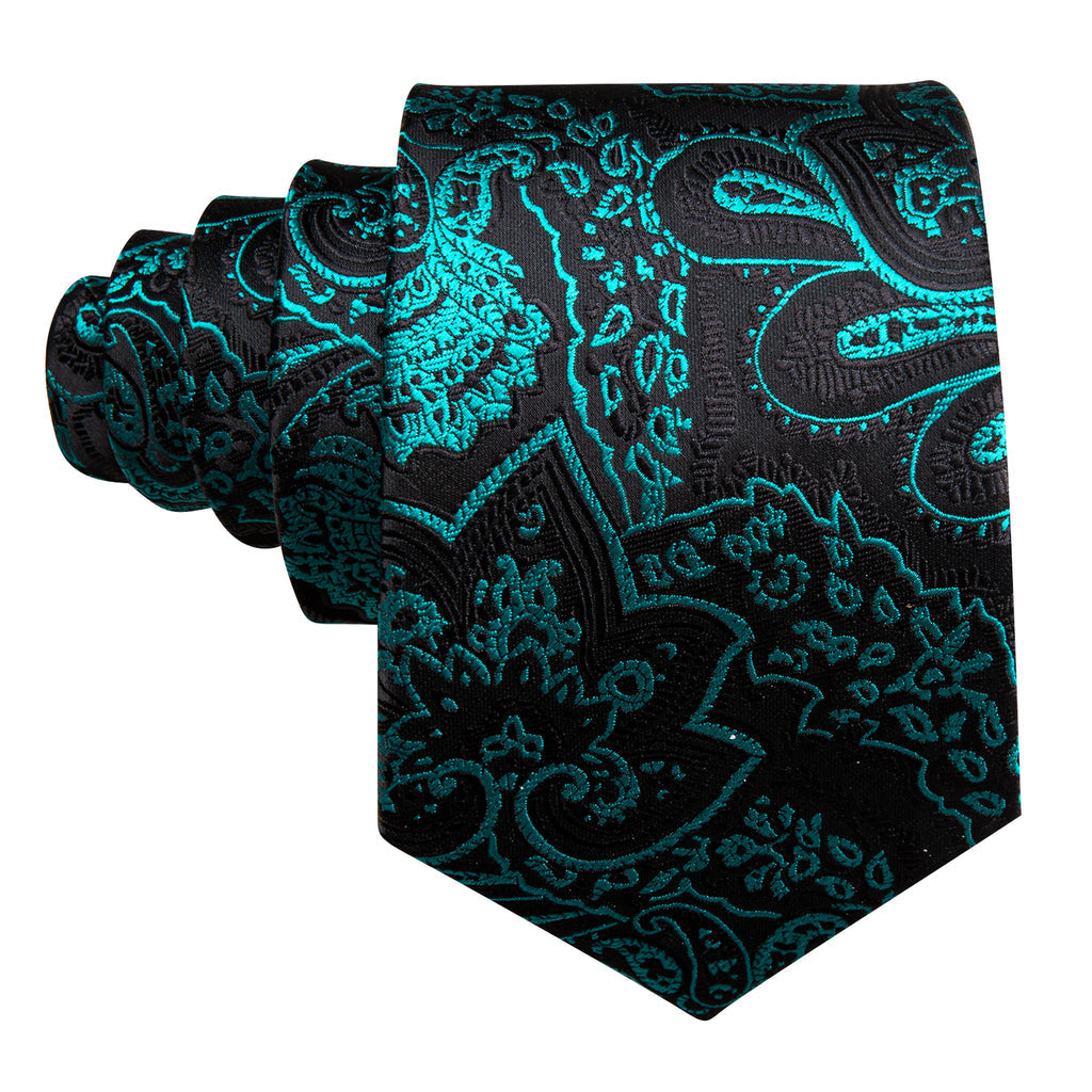 Teal Green Black Blue Paisley Silk Tie, Pocket Square and Cufflinks Set tie sets - Sophisticated Gentlemen