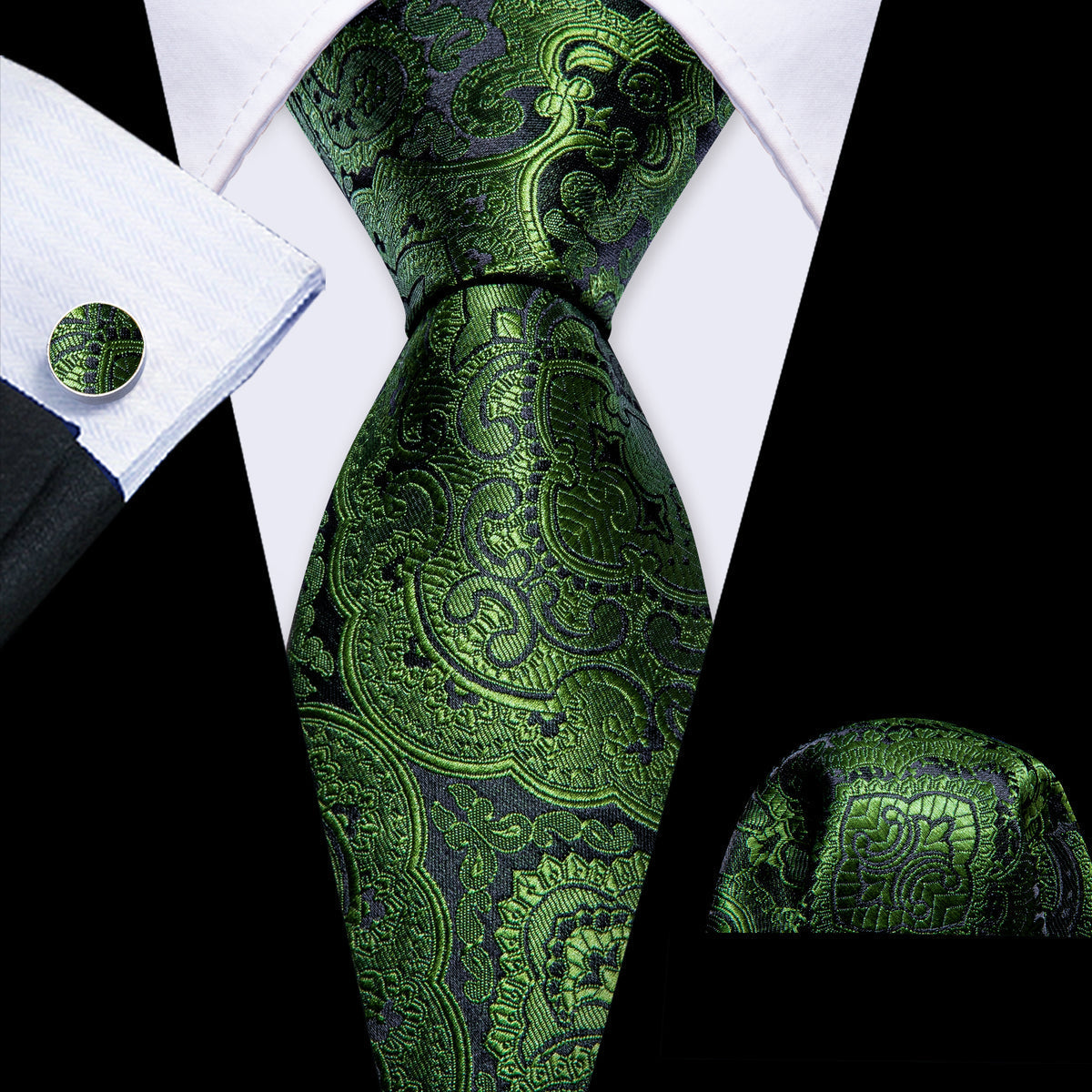 Olive Paisley Silk Tie, Pocket Square and Cufflinks Set tie sets - Sophisticated Gentlemen