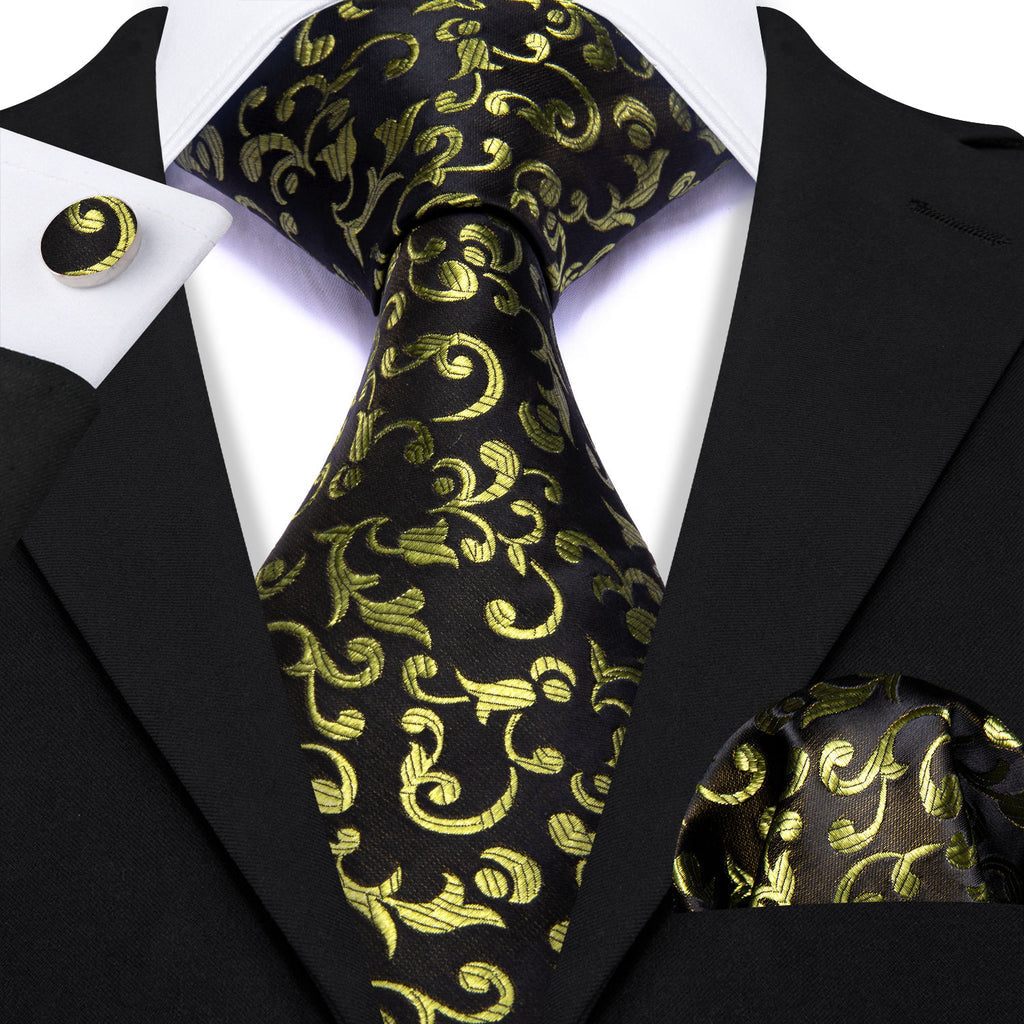 Black Yellow Floral Silk Tie, Pocket Square and Cufflinks Set tie sets - Sophisticated Gentlemen