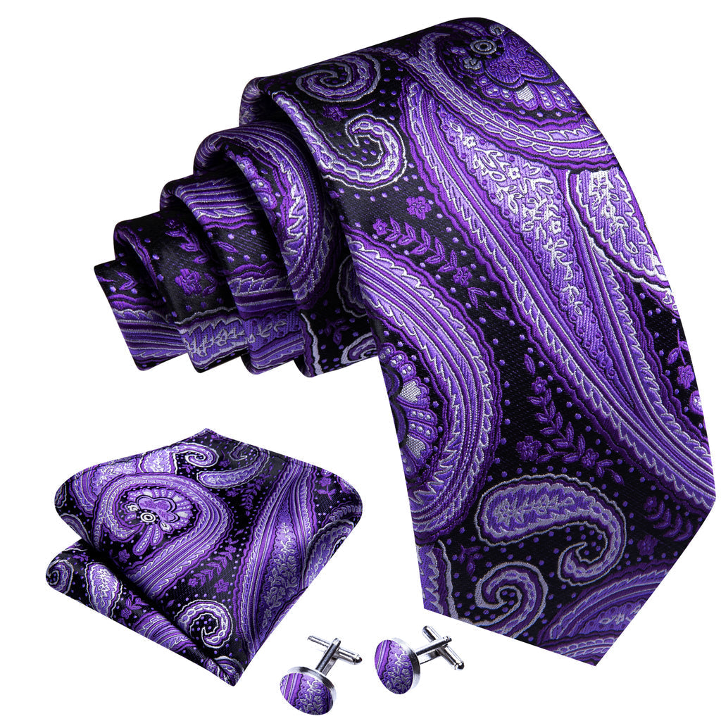 Purple White Paisley Silk Tie, Pocket Square and Cufflinks Set tie sets - Sophisticated Gentlemen