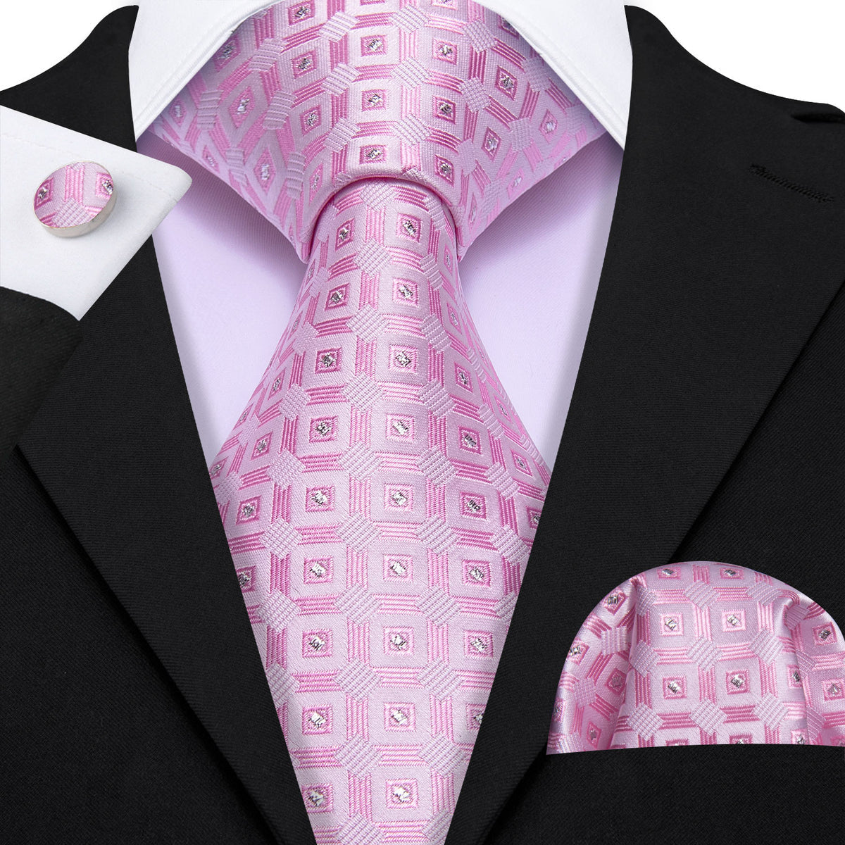 Pink Novetly Plaid Silk Tie, Pocket Square and Cufflinks Set tie sets - Sophisticated Gentlemen