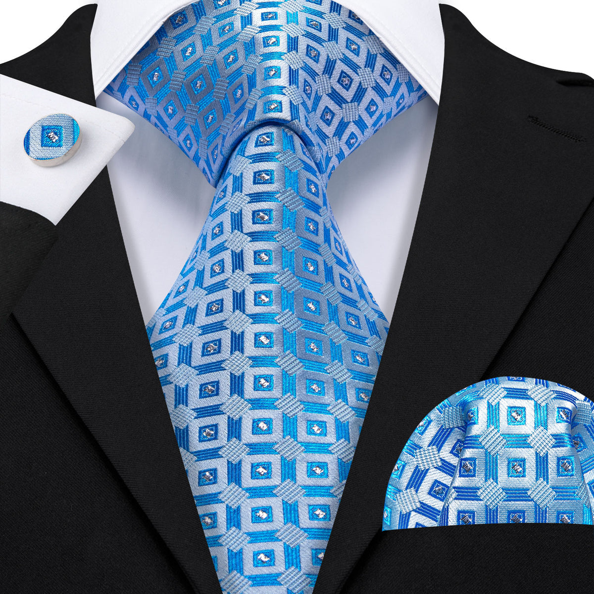 Light Blue Plaid Silk Tie, Pocket Square and Cufflinks Set tie sets - Sophisticated Gentlemen