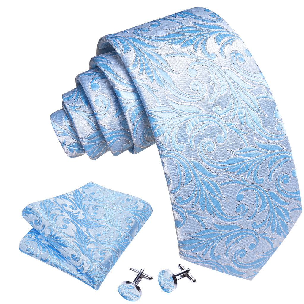 Teal Cyan Silver Floral Silk Tie, Pocket Square and Cufflinks Set tie sets    - Sophisticated Gentlemen