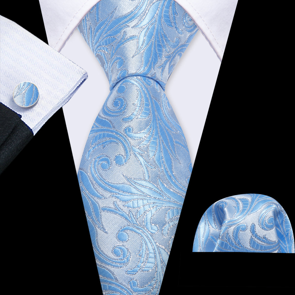 Teal Cyan Silver Floral Silk Tie, Pocket Square and Cufflinks Set tie sets    - Sophisticated Gentlemen
