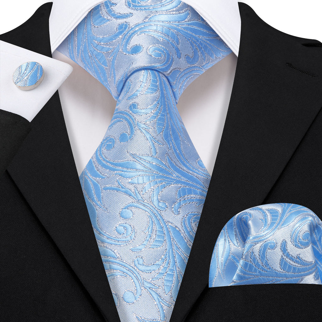 Teal Cyan Silver Floral Silk Tie, Pocket Square and Cufflinks Set tie sets    - Sophisticated Gentlemen