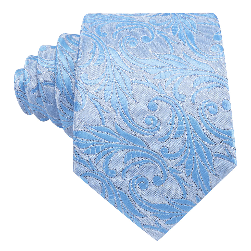 Teal Cyan Silver Floral Silk Tie, Pocket Square and Cufflinks Set tie sets    - Sophisticated Gentlemen
