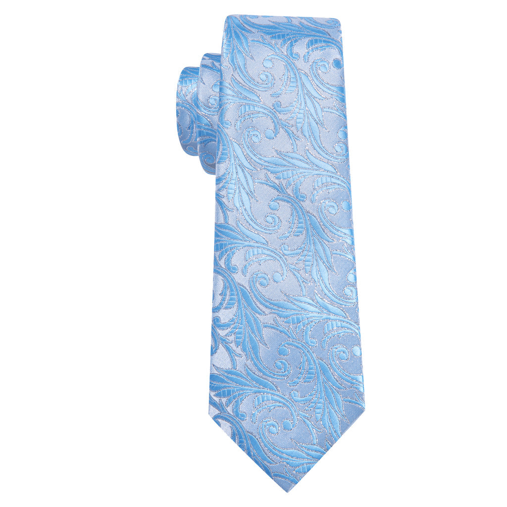 Teal Cyan Silver Floral Silk Tie, Pocket Square and Cufflinks Set tie sets    - Sophisticated Gentlemen