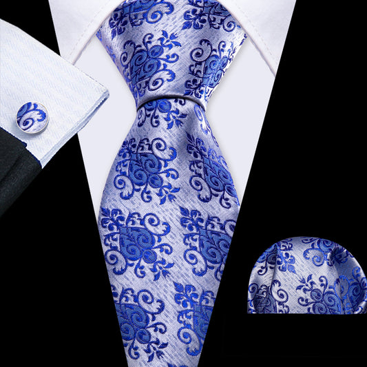 Blue Silver Floral Silk Tie, Pocket Square and Cufflinks Set tie sets    - Sophisticated Gentlemen