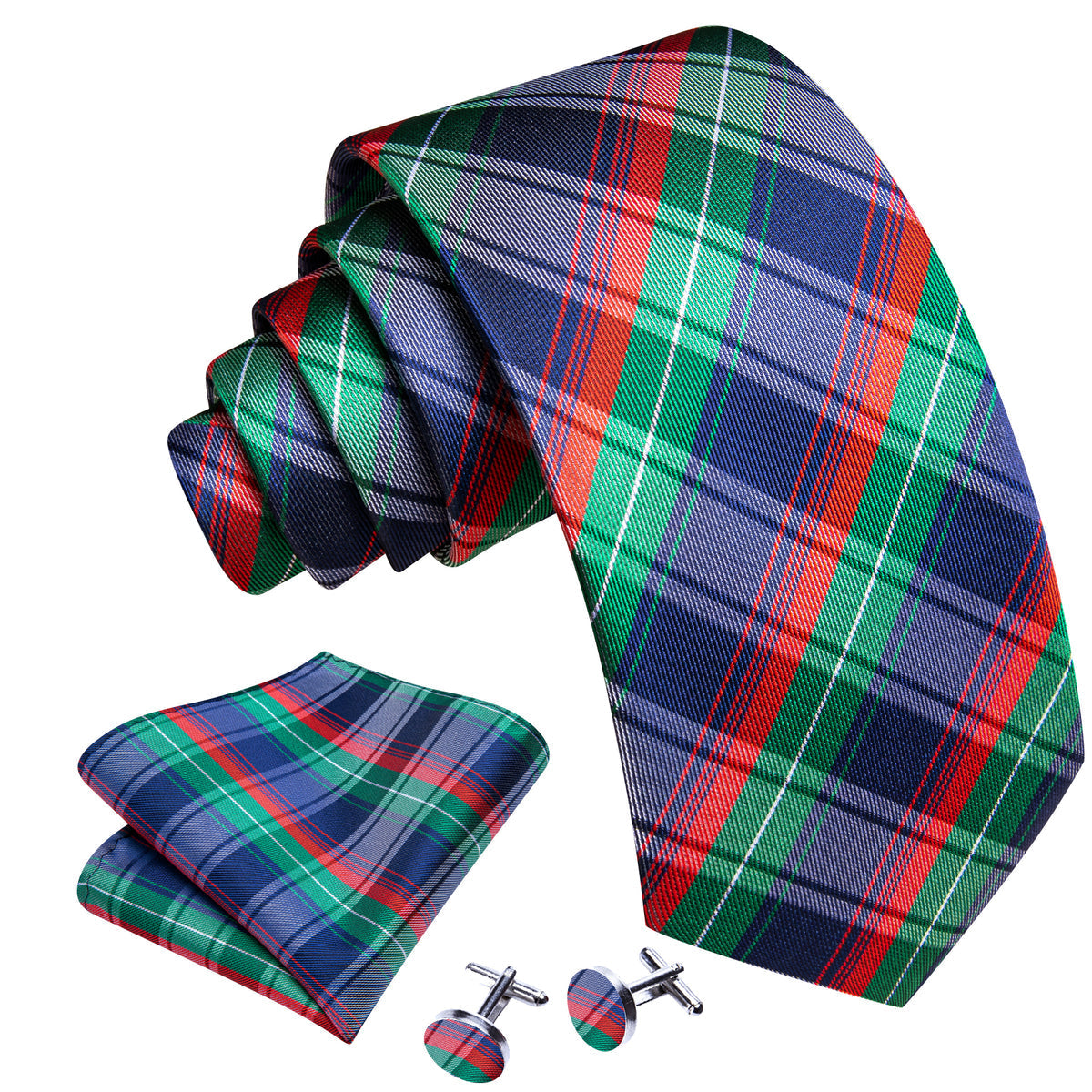 Blue Red Green Classy Plaid Tie, Pocket Square and Cufflinks Set tie sets - Sophisticated Gentlemen