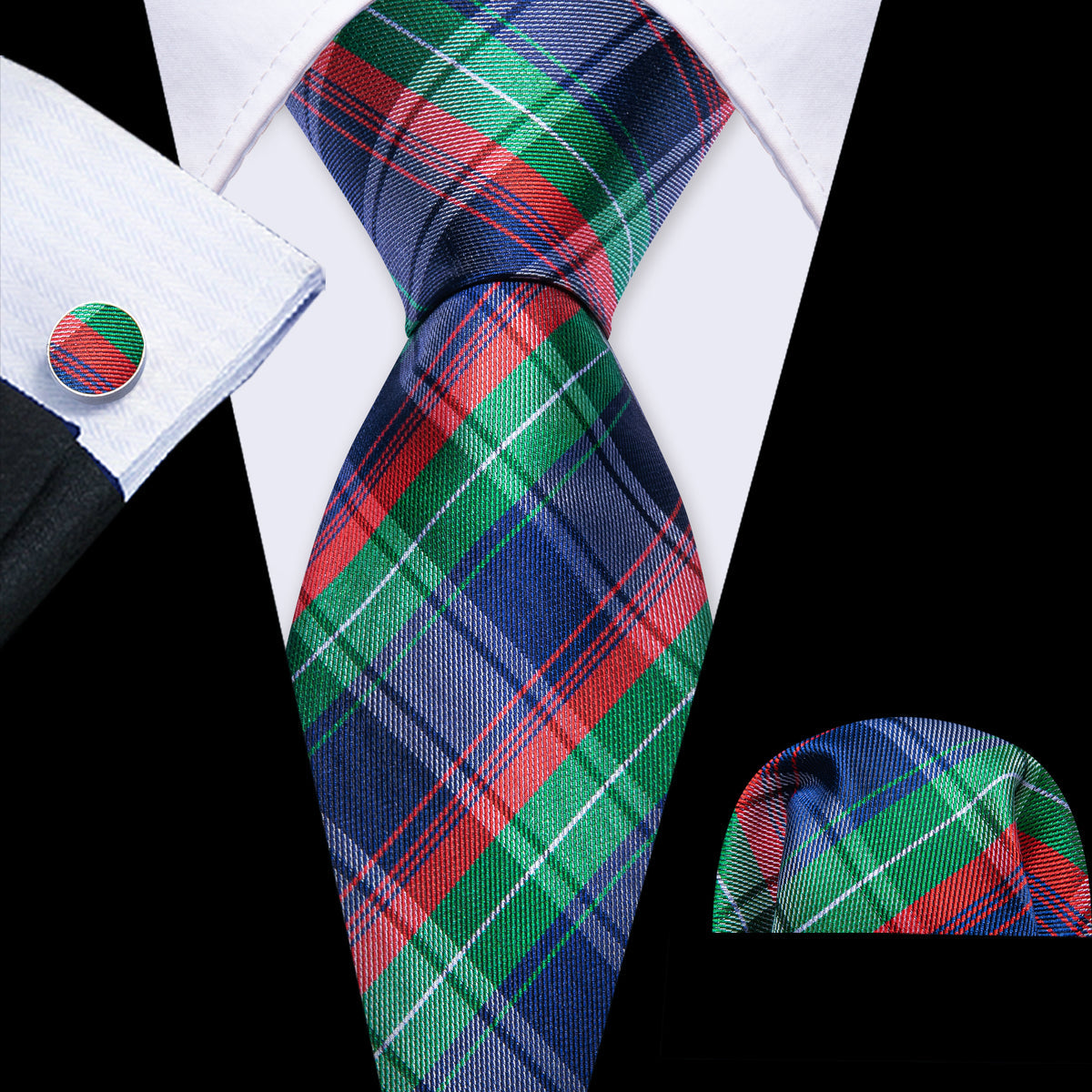 Blue Red Green Classy Plaid Tie, Pocket Square and Cufflinks Set tie sets - Sophisticated Gentlemen