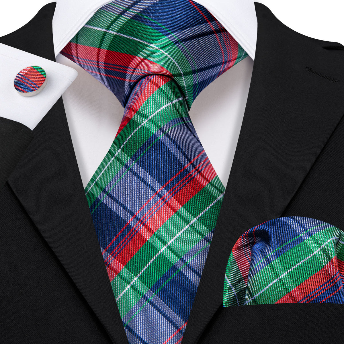 Blue Red Green Classy Plaid Tie, Pocket Square and Cufflinks Set tie sets - Sophisticated Gentlemen