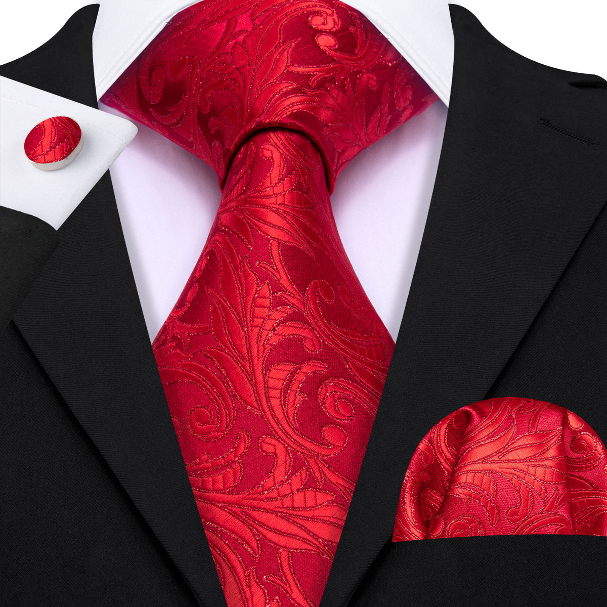 Red Strong Floral Silk Tie, Pocket Square and Cufflinks Set tie sets - Sophisticated Gentlemen